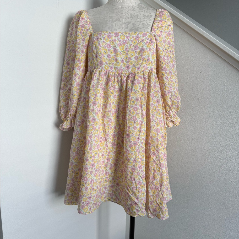Pink Yellow Floral Babydoll Dress Puff Sleeves Nectar Clothing Medium Easter
